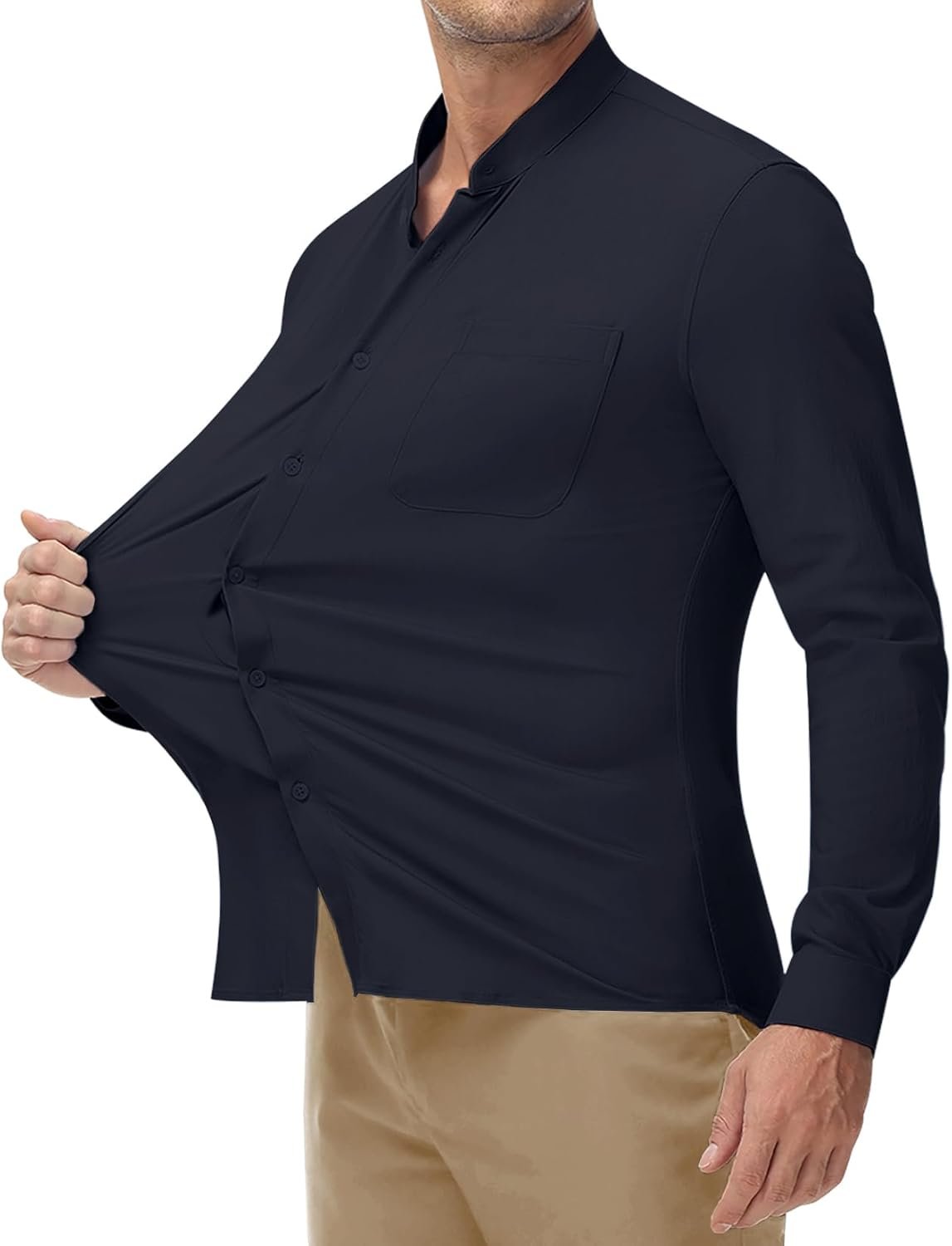 Band Collar Dress Shirts for Men Stretch Dress Shirts Collarless Button Down Long Sleeve Shirts Muscle Fit - Image 2