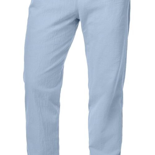 Mens Cotton Pants Casual Elastic Waist Drawstring Lightweight Summer Beach Trousers with Pockets