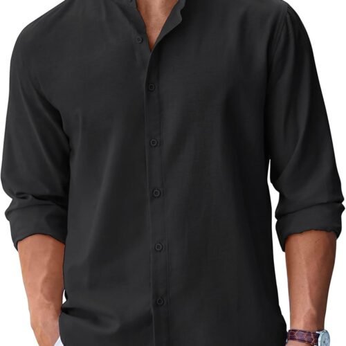 Men's Long Sleeve Oxford Dress Shirts Chambray Button Down Shirt Casual Band Collar Shirts