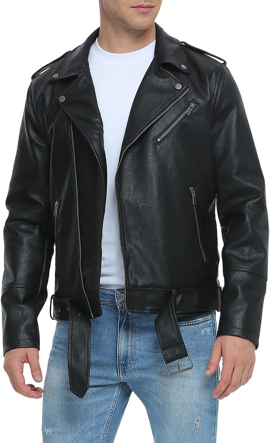 Leather Jackets for Men, Faux Bomber Jacket Mens Motorcycle Lapel Asymmetric Zip-Up Blet Slim Fit Biker Coat