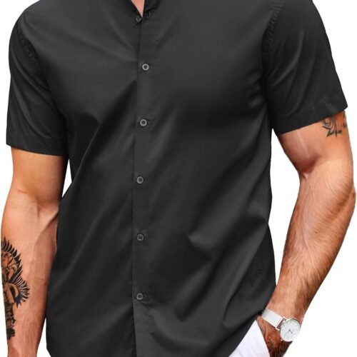 Muscle Fit Dress Shirts for Men Banded Collar Casual Button Down Shirts
