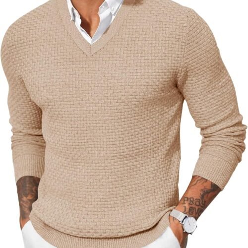 Mens V Neck Pullover Sweater Waffle Knit Casual Textured Pullover Long Sleeve Slim Fit Fall Sweaters