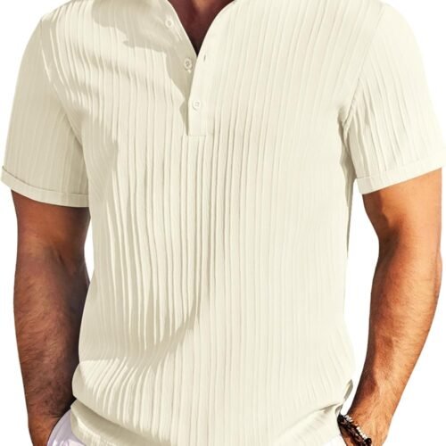 Men Casual Henley Tee Shirt Short Sleeve Band Collar Summer Beach Textured T-Shirt
