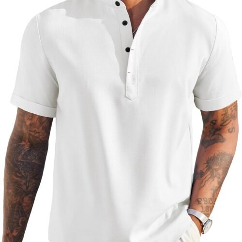 Men's Linen Henley Shirt Short Sleeve Casual Summer Beach Hippie T Shirts