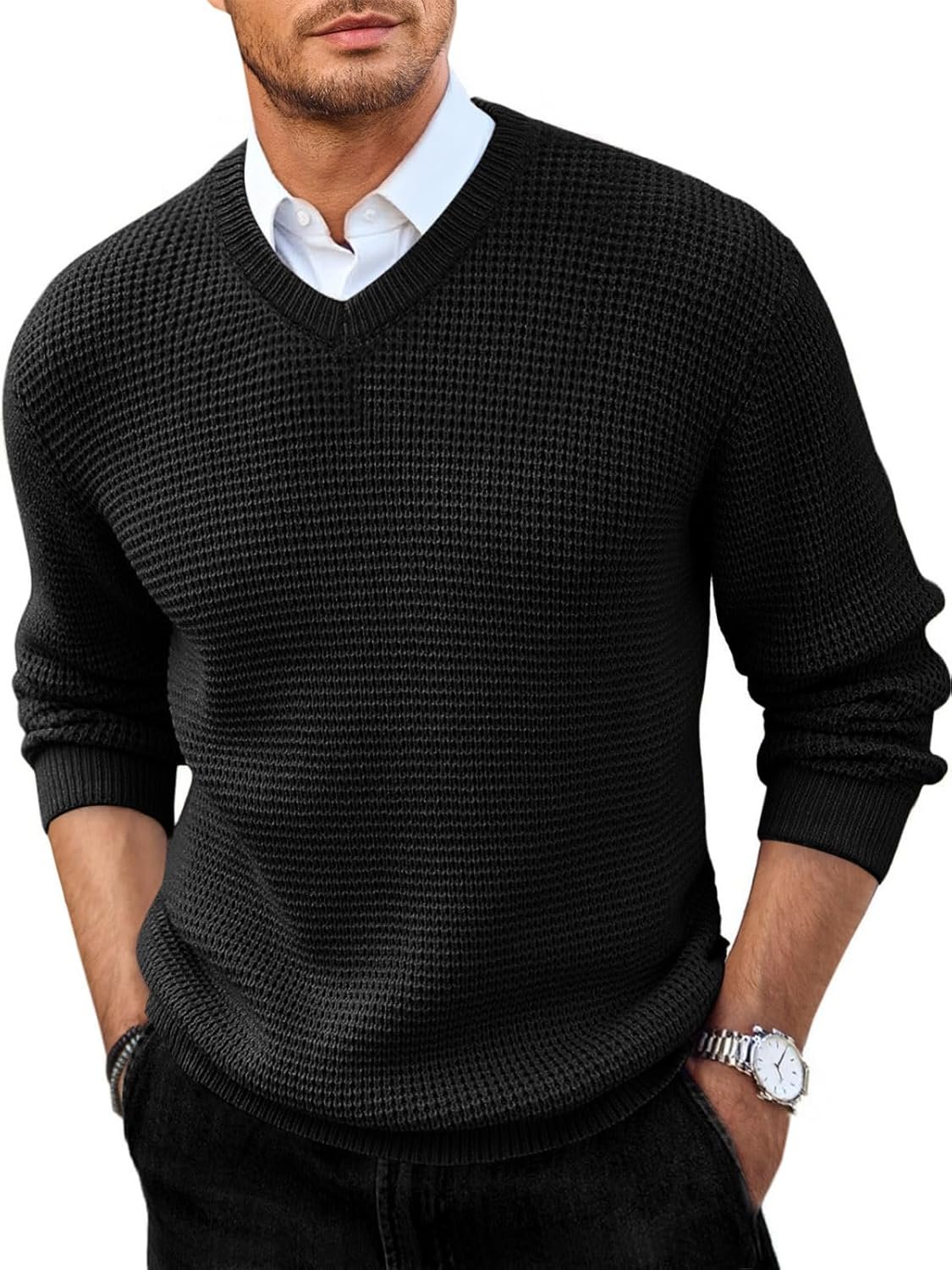 Mens V Neck Sweater Casual Waffle Knitted Pullover Slim Fit Fall Winter Basic Warm Sweaters
