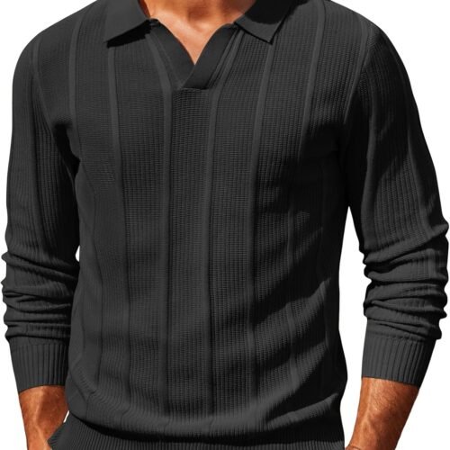 Mens Knit Long Sleeve Polo Sweaters Casual Polo Collared Sweater V-Neck Textured Pullover