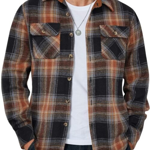 Men's Long Sleeve Flannel Shirts Fashion Plaid Jacket Casual Button Down Shirt with Pockets