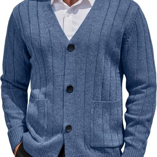 Men's Cardigan Sweater Cable Knit V Neck Button up Sweaters Ribbed Cardigan Sweater with Pockets