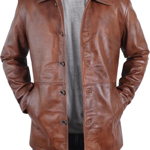 Mens Classic Winter Leather Car Coat 3/4 Length - Button Up Real Lambskin Long Jacket