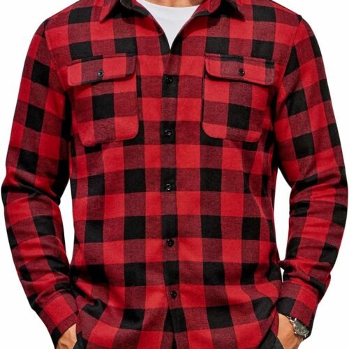 Mens Flannel Shirts Long Sleeve Plaid Button Down Shirt Cotton Casual Work Shirts with Pockets