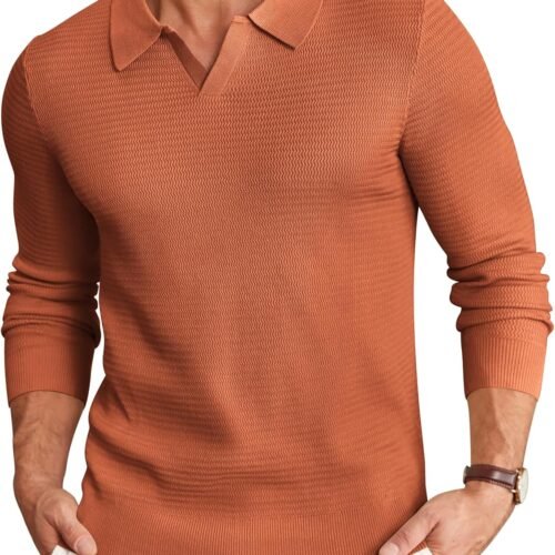 Mens Knit Polo Sweater V-Neck Long Sleeve Textured Lightweight Casual Dress Pullover Fall Sweaters
