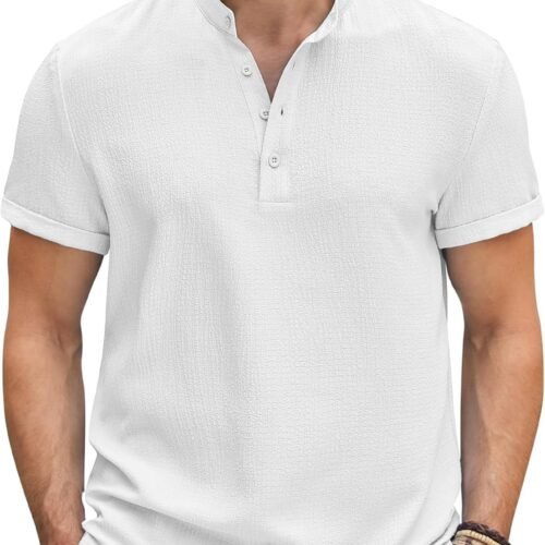 Men's Casual Henley Tee Shirt Band Collar Short Sleeve Summer Beach Hippie T Shirts