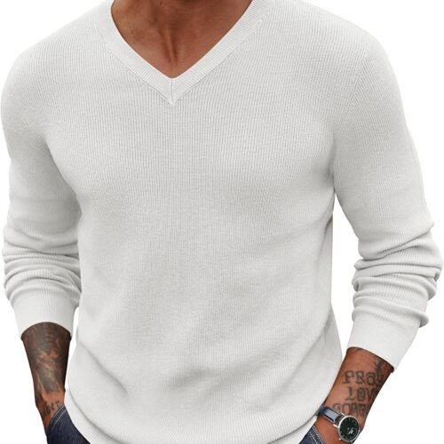 Men V Neck Dress Sweater Knit Long Sleeve Casual Slim Fit Pullover Sweater