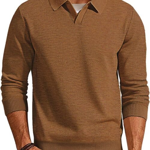Mens Sweater Long Sleeve V Neck Pullover Sweater Knitted Textured Sweater