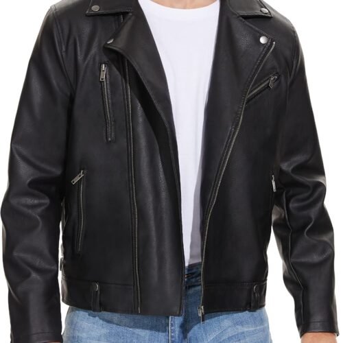 Leather Jackets for Men, Faux Bomber Jacket Mens Motorcycle Lapel Asymmetric Zip-Up Blet Slim Fit Biker Coat