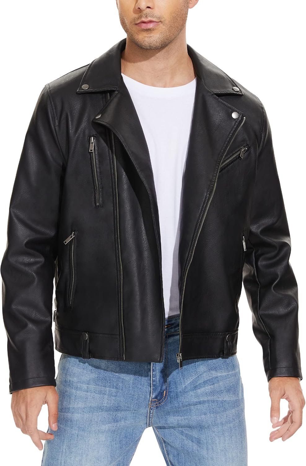 Leather Jackets for Men, Faux Bomber Jacket Mens Motorcycle Lapel Asymmetric Zip-Up Blet Slim Fit Biker Coat
