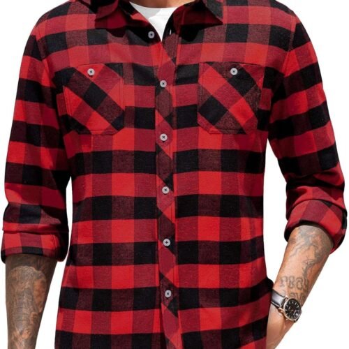 Men's Flannel Plaid Shirts Long Sleeve Casual Button Down Shirt with Pockets