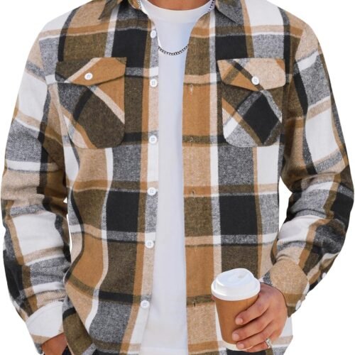 Men Flannel Shirt Casual Button Down Shirt Jacket Long Sleeve Plaid Shirts with Pockets