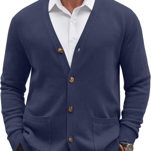 Men's Cardigan Sweater Long Sleeve Casual V Neck Button Down Knitted Sweater with Pockets