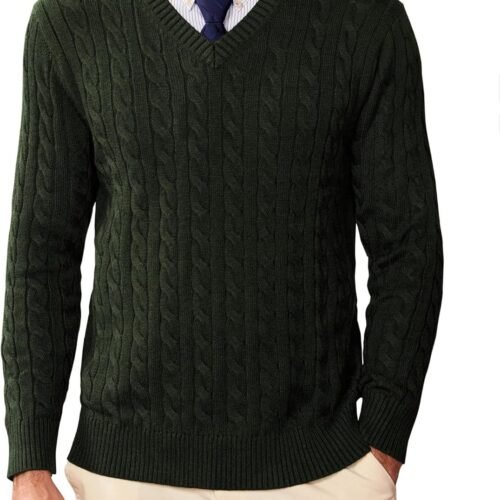 Mens V Neck Sweater Wool Blend Cable Knit Pullover Long Sleeve Casual Business Winter Fall Knitwear