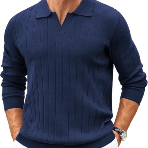 Mens Polo Sweaters Long Sleeve V Neck Knit Polos Lightweight Casual Pullover Sweater