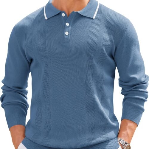 Mens Knit Polo Sweaters Long Sleeve Vintage Polos Casual Dress Pullover Old Money Tops