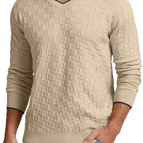 Mens V-Neck Sweater Cable Knit Long Sleeve Casual Basketweave Stitch Pullover Sweater